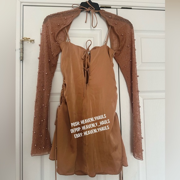 Oh Polly Geneva Nude Mini Dress w/ Embellished Sleeves - Beaded, strappy, flirty - Picture 3 of 9